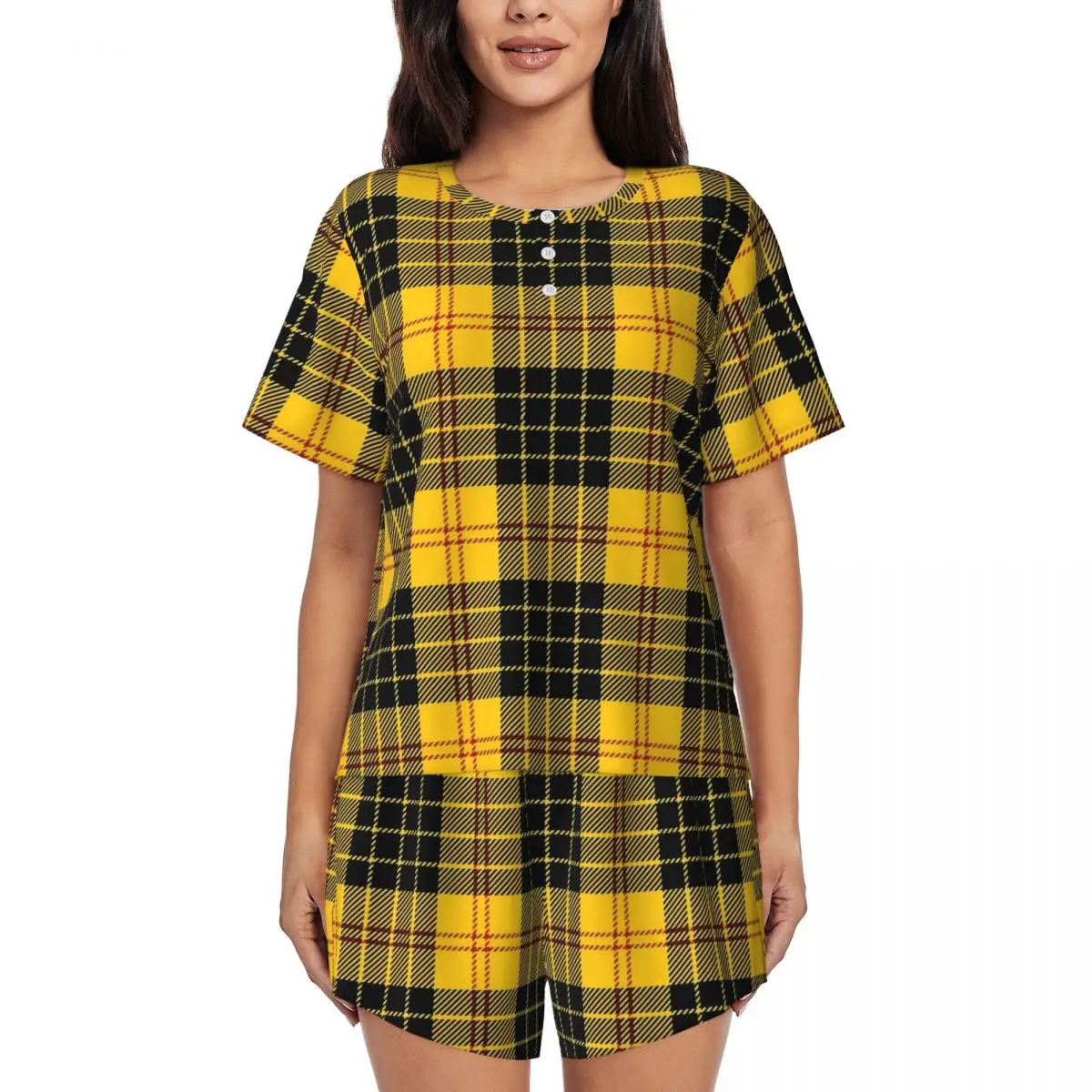 

Vintage Plaid Pajamas Short Sleeves Yellow and Black Two Piece Night Pajama Sets Summer Women O Neck Trendy Sleepwear