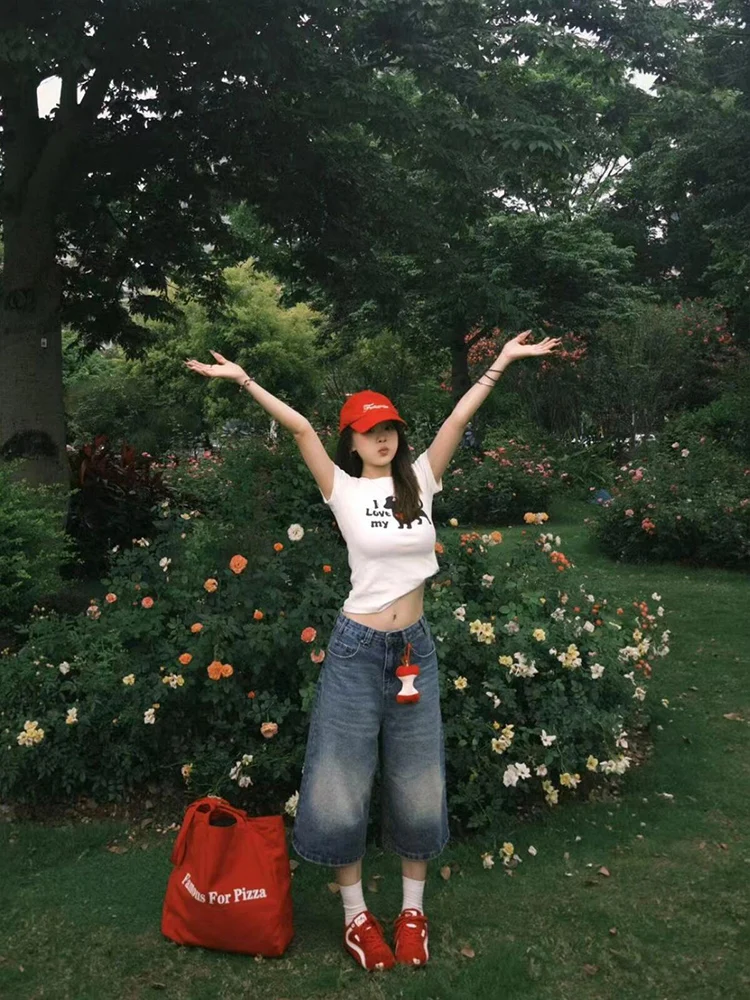 Retro American Love Dog Print Ort Sve T-Shirt Damen Sommer Slim Fit Vielseitiges Top rund Ne Baumwolle Polyester Mischung