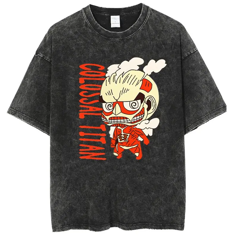 

Футболка оверсайз черная с эффектом кислотной стирки «Атака Титанов: Колоссальный Титан против Эрена. Великая волна у Канагавы» в стиле укиё-э, летняя коллекция 2026