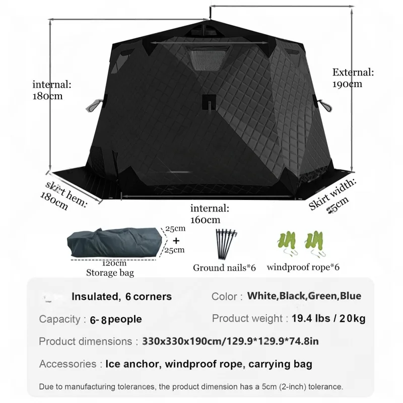 6-8 Person Ice Fishing Pop-Up Hexagon Shanty Tent 420D Oxford Cloth Triple-Layer Rainproof Snowproof Quick Setup Tent