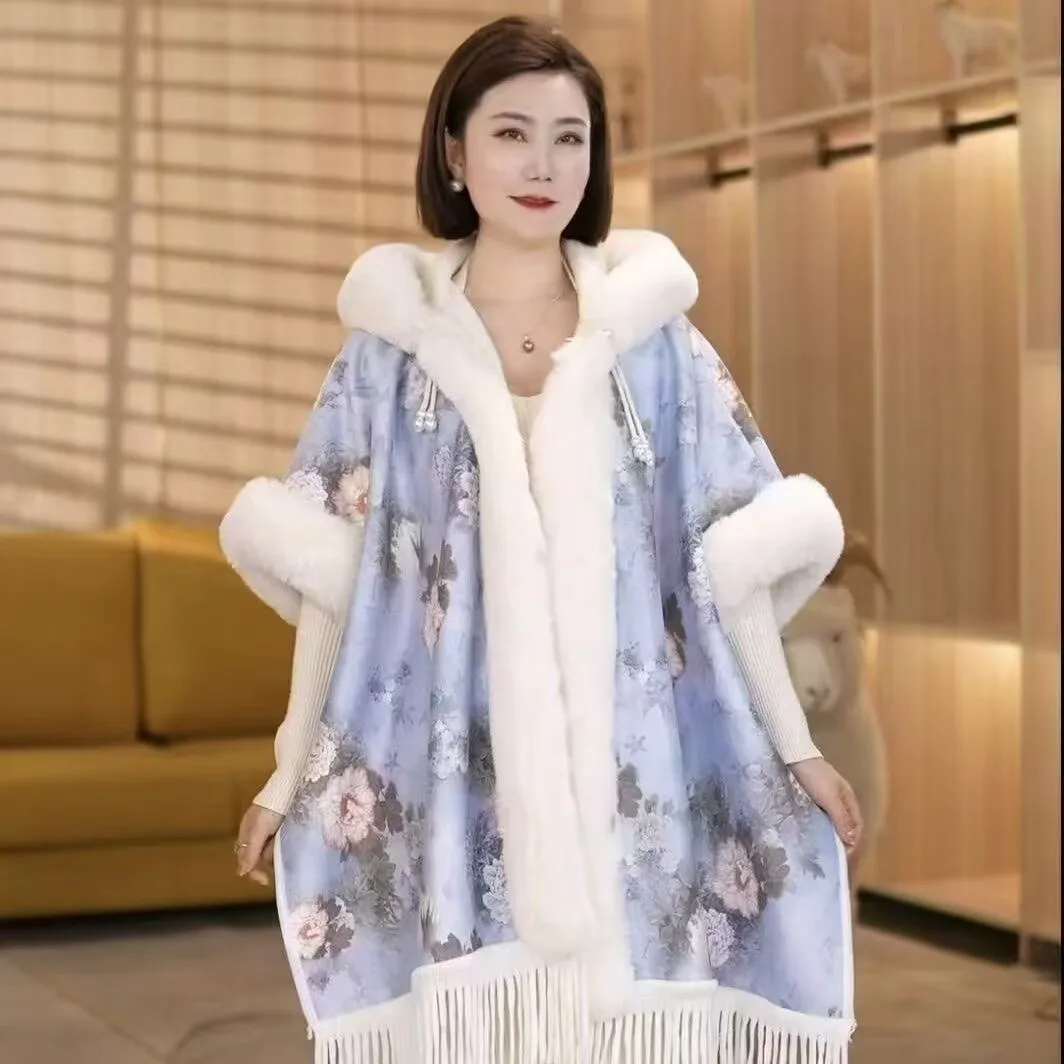 

Womens Cloak Chinese Furry Collar Fringe Cape for Winter