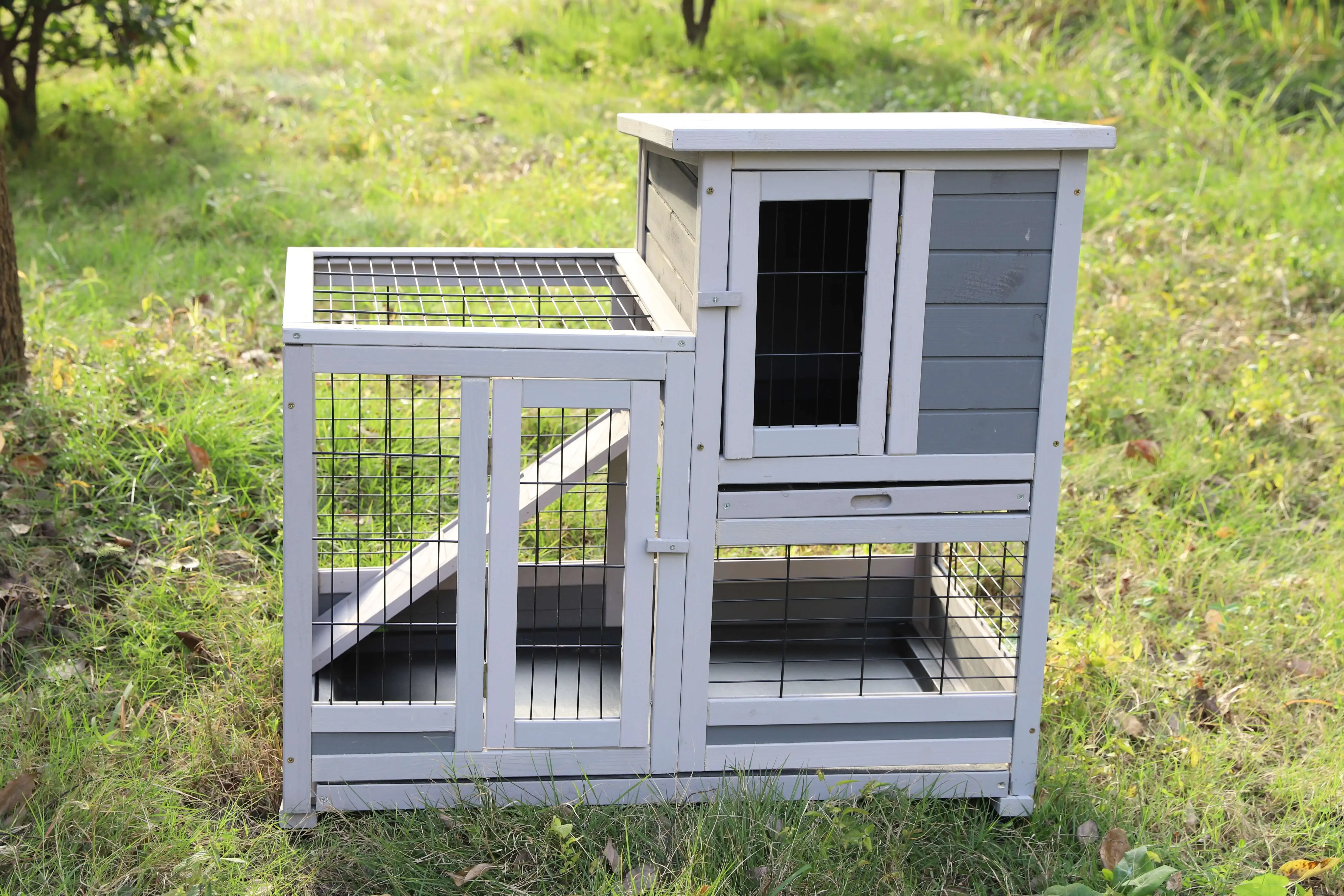 

-Outdoor Gray Pet House Chicken Nesting Box Bunny Rabbit Hutch Large Wooden Hen Cage Chicken Coop