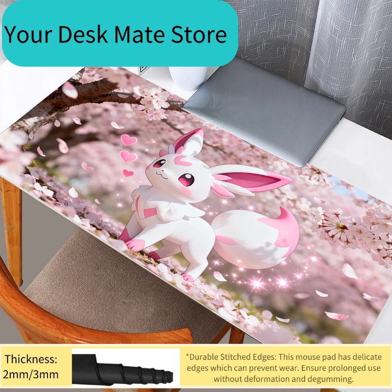 

Коврик для мыши в стиле аниме Pokemon Sylveon Cherry Blossom, удлиненный игровой коврик для мыши, нескользящий большой коврик для стола