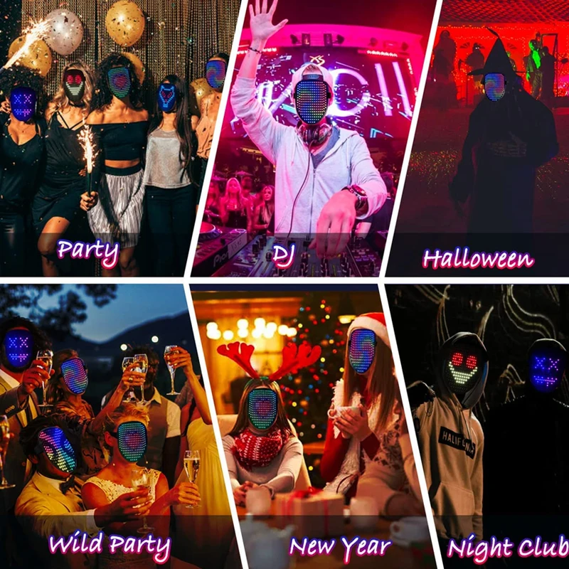 LED Luminous Mask RGB Full Color Face Changing Glowing Mask Halloween Christmas Carnival Costume DJ Light Up Party Cosplay