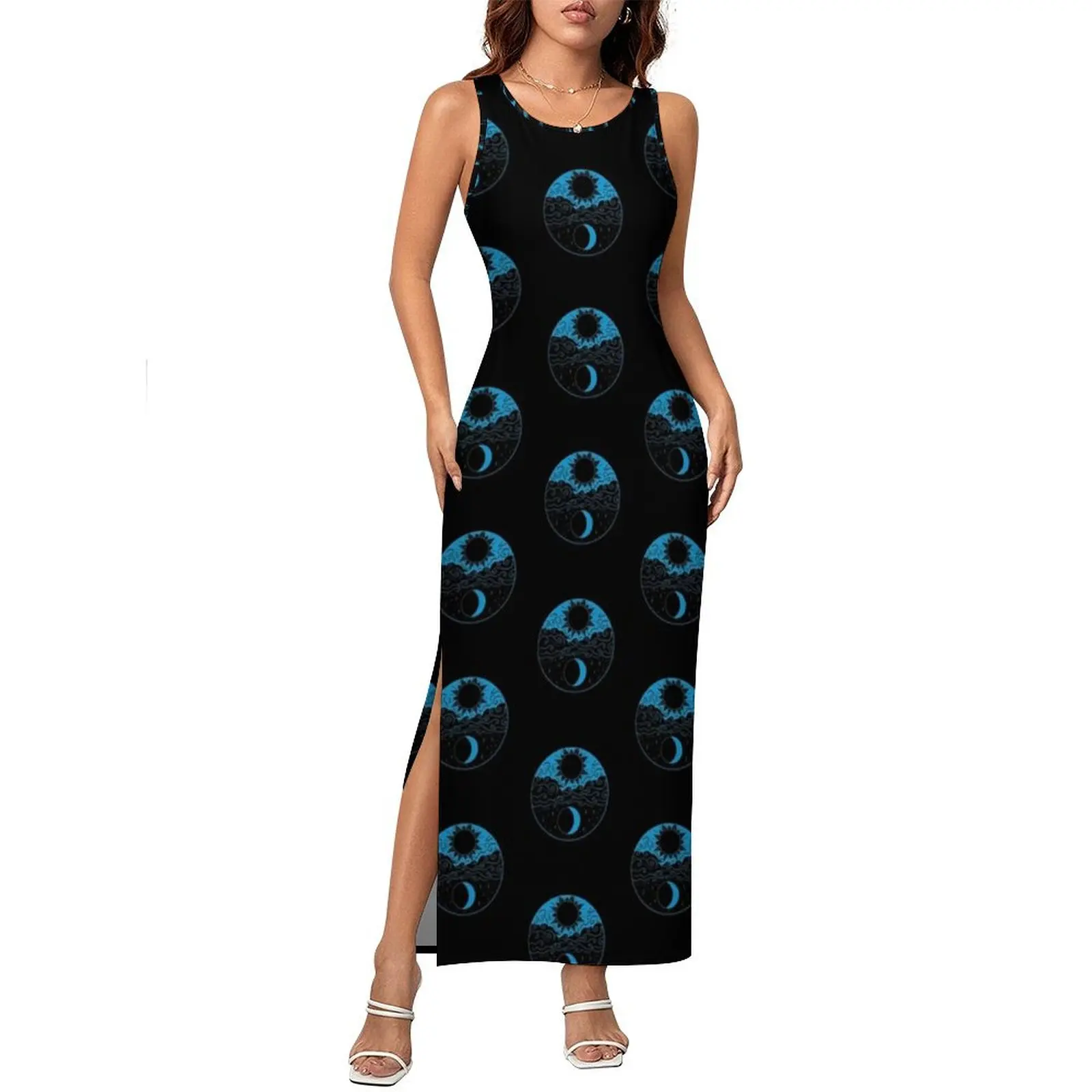 Vrouwen Bodycon Jurk Slanke Sexy Symbool Nacht Dag Maxi Jurken Lente Zon En Maan Print Mouwloze Y2K Fashion Design Jurk