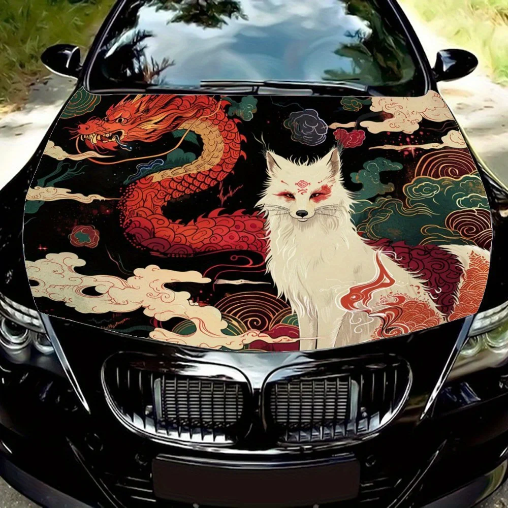 

Танец лисы и дракона вместе: красочные облачные узоры восточной фантазийной графики, автомобильные виниловые обертывания, виниловая графика на капот автомобиля,