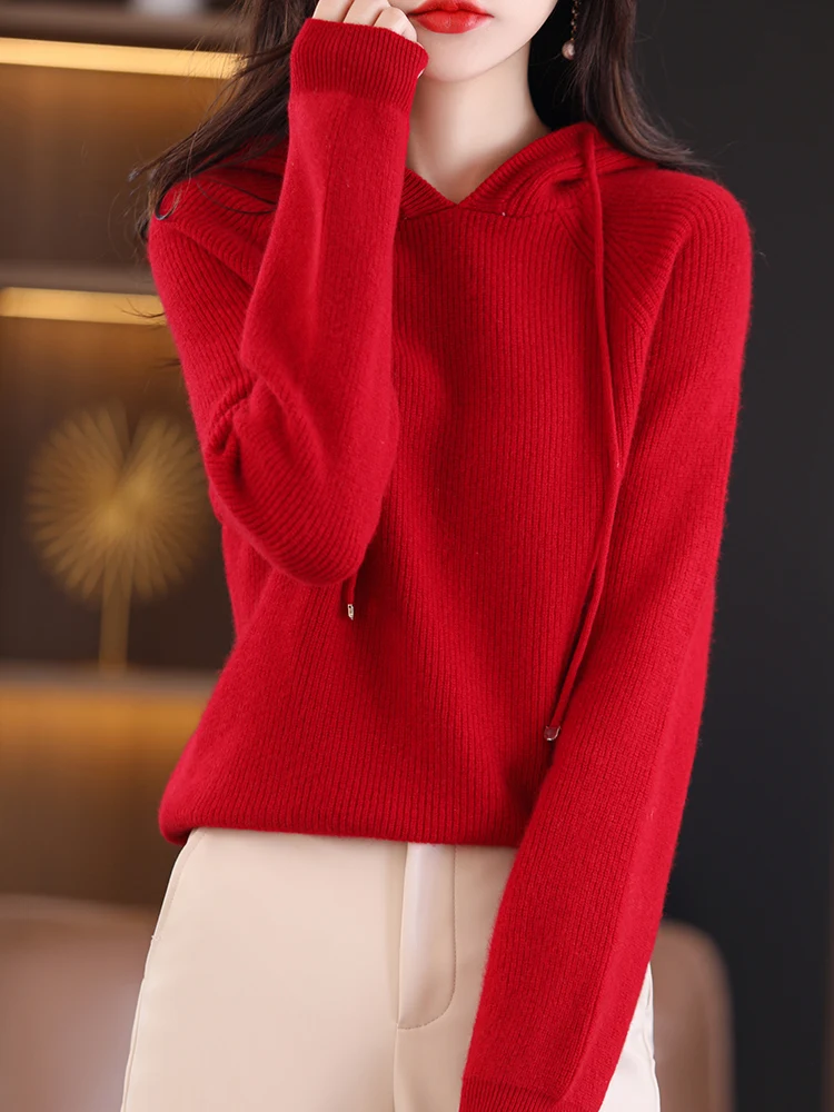 New Autumn And Winter Women\'s Hooded Sweater Solid Color Pullover Sweater Korean Version 100 Pure Wool Knitted Bottoming JQ57