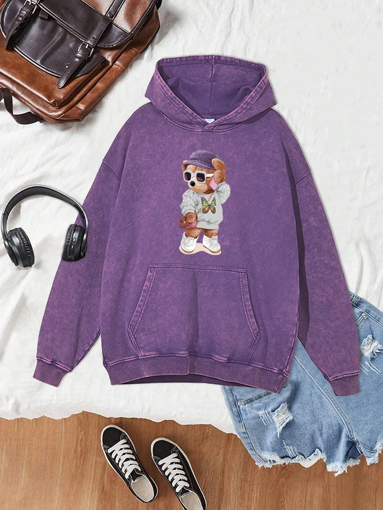 Cute Little Bear Sister Printed Women Washed Cotton Hoodie Harajuku Casual Hoody Autumn Warm Vintage Tops Fashion Loose Hooded