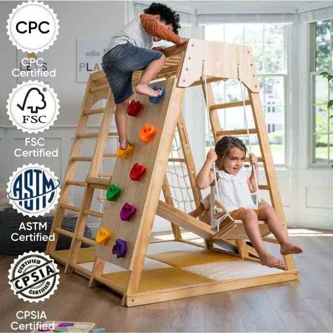 ملعب داخلي 6 في 1 لعبة Jungle Gym Montessori Waldorf Style Wooden Climber Playset Slide، جدار تسلق الصخور،