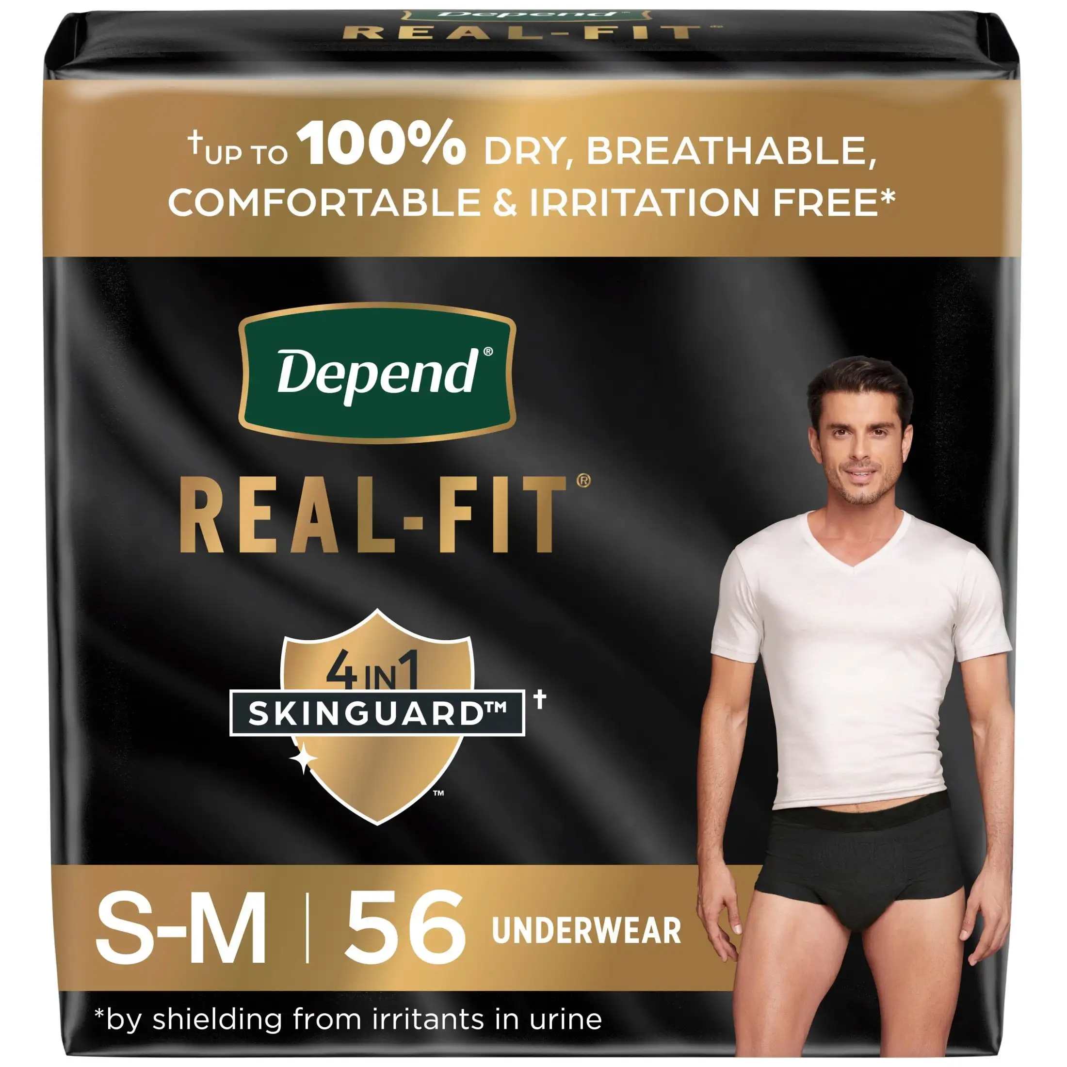 

Real Fit Incontinence Underwear for Men, Adult Diapers, S/M, Black, 56 Count