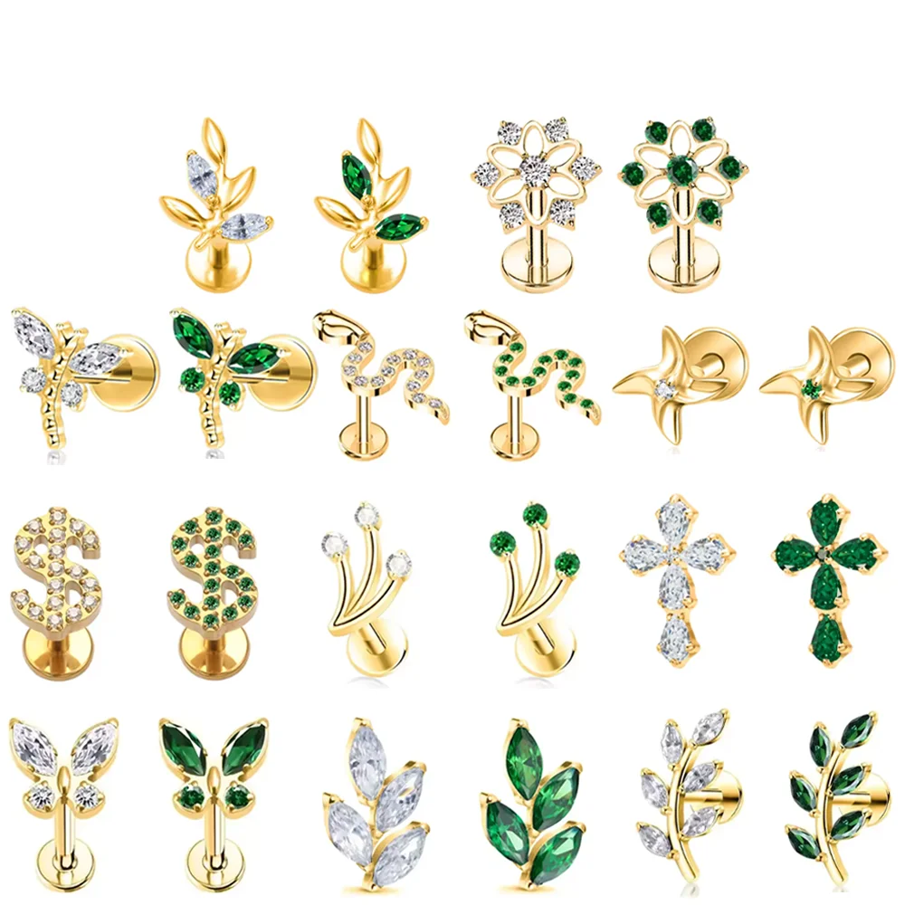 F136 alliage de titane de haute qualité blanc et vert zircone ensemble de boucles d'oreilles mode oreille Cartilage lèvre Stud corps Piercing bijoux