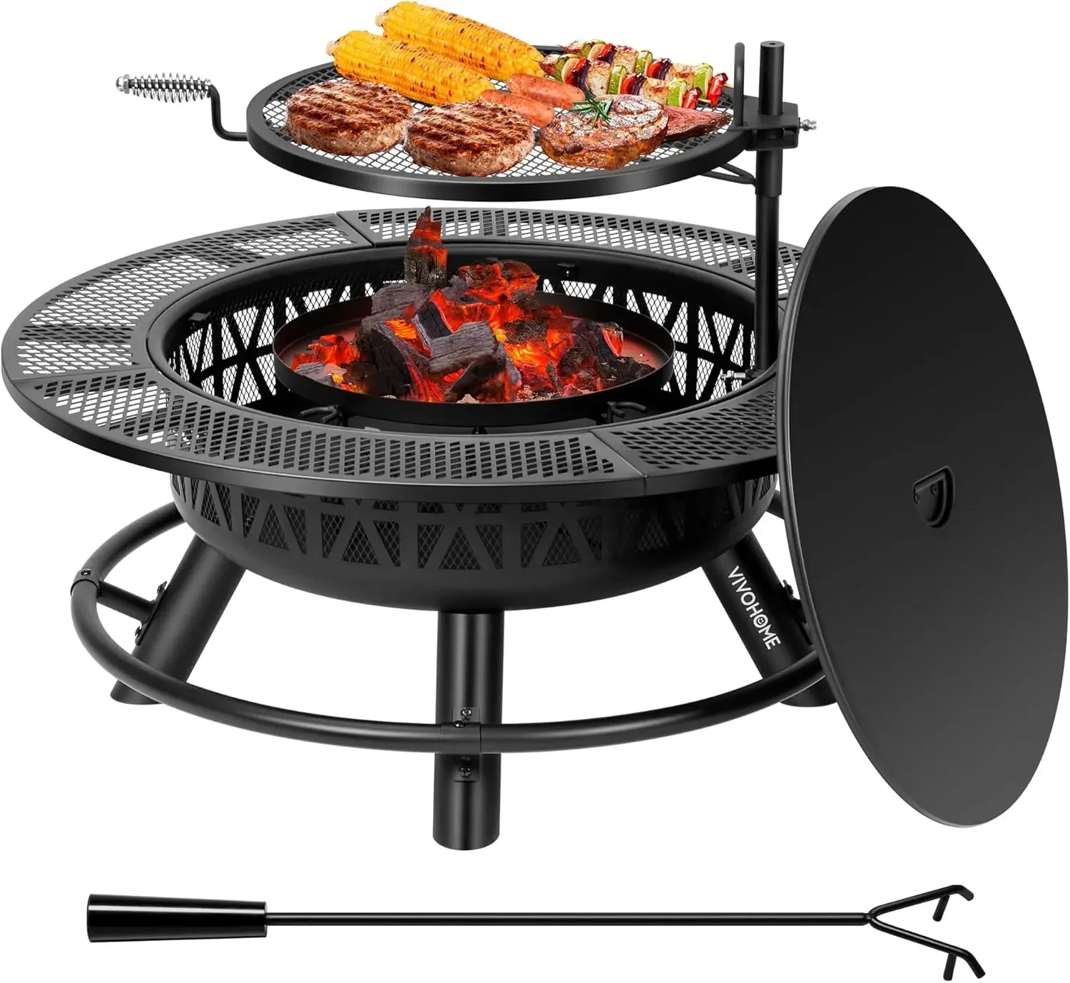 35 Inch Fire Pit with Cooking Grill Grate & Charcoal Pan, 3-in-1 Wood Burning Firepits with Cover Lid, Metal Table for Backyard