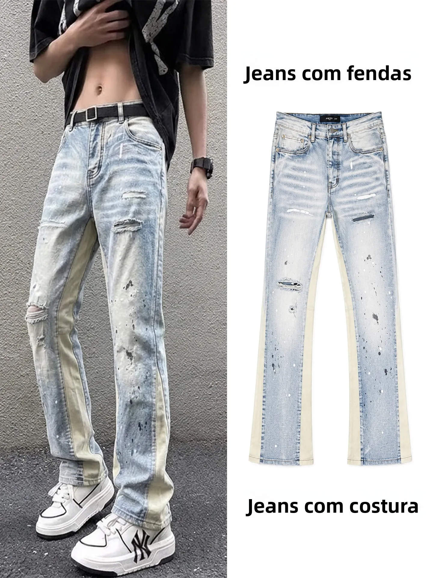 Calça Jeans Unissex de Cintura Baixa Desgastada Slim Fit Casual com Zíper Estilo High Street Boca de Sino para Todas as Estações