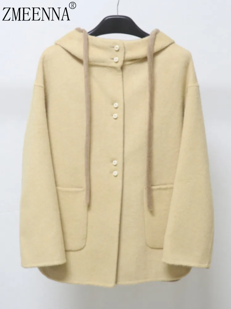 

ZMEENNA Women's Hooded Wool Blend Short Coat Single Breasted Button Down Drawstring Long Sleeve Pockets Outerwear ZM4226