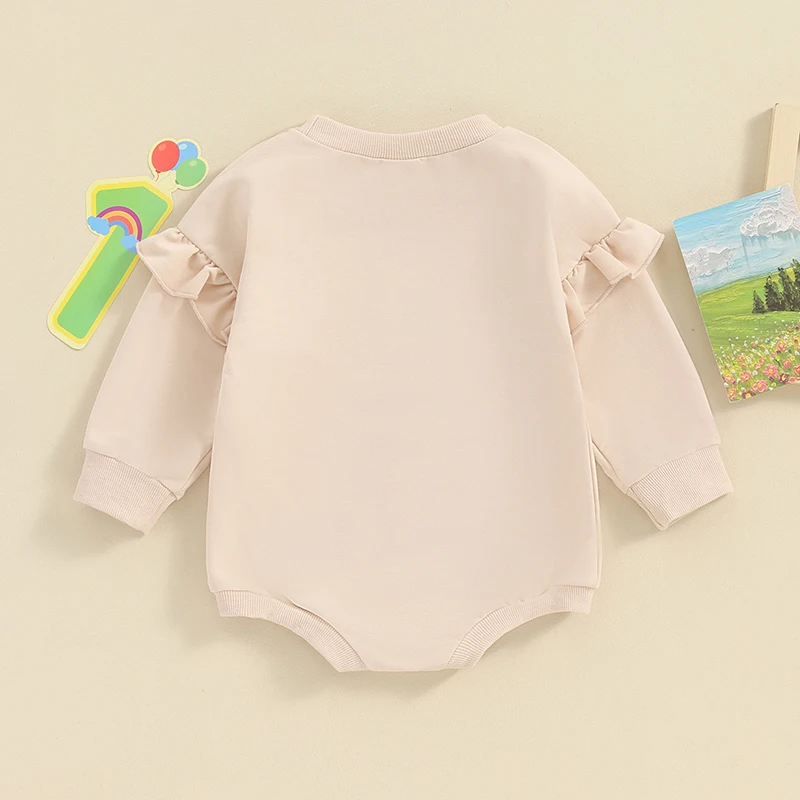 

Baby Girl Long Sleeve Romper Round Neck Letter Embroidery Frill Trim Jumpsuit First Birthday Outfit Infant Toddler Clothes