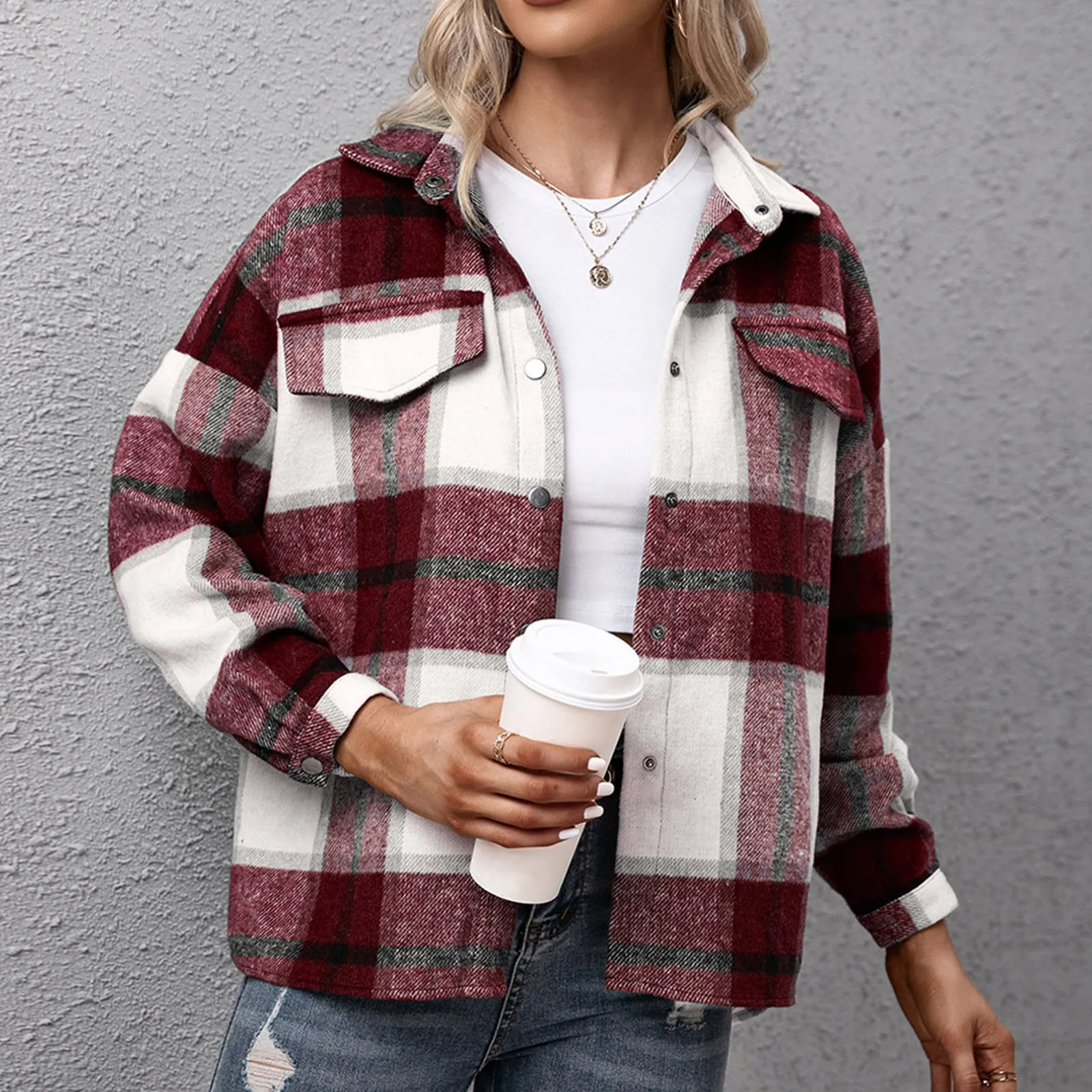 

2023 Autumn Checkered Jacket Women Winter Plaid Jacket Overshirt Ladies Warm Thicken Button Shirt Jacket Coat Women