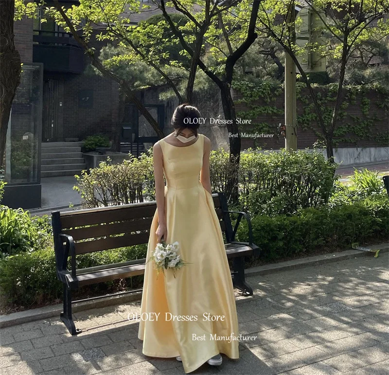 OLOEY Korea Lady Yellow Satin A Line Long Wedding Photo Shoot abiti da sera Scoop Neck Lace Up Back Prom Gowns festa formale