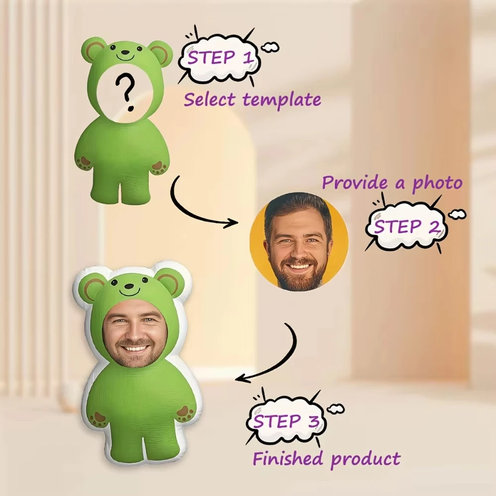 Customized Green Teddy Bear Pillow - Personalized with Photo Insert, Suitable for Friends, Family, Father's Day, Mother's Day _