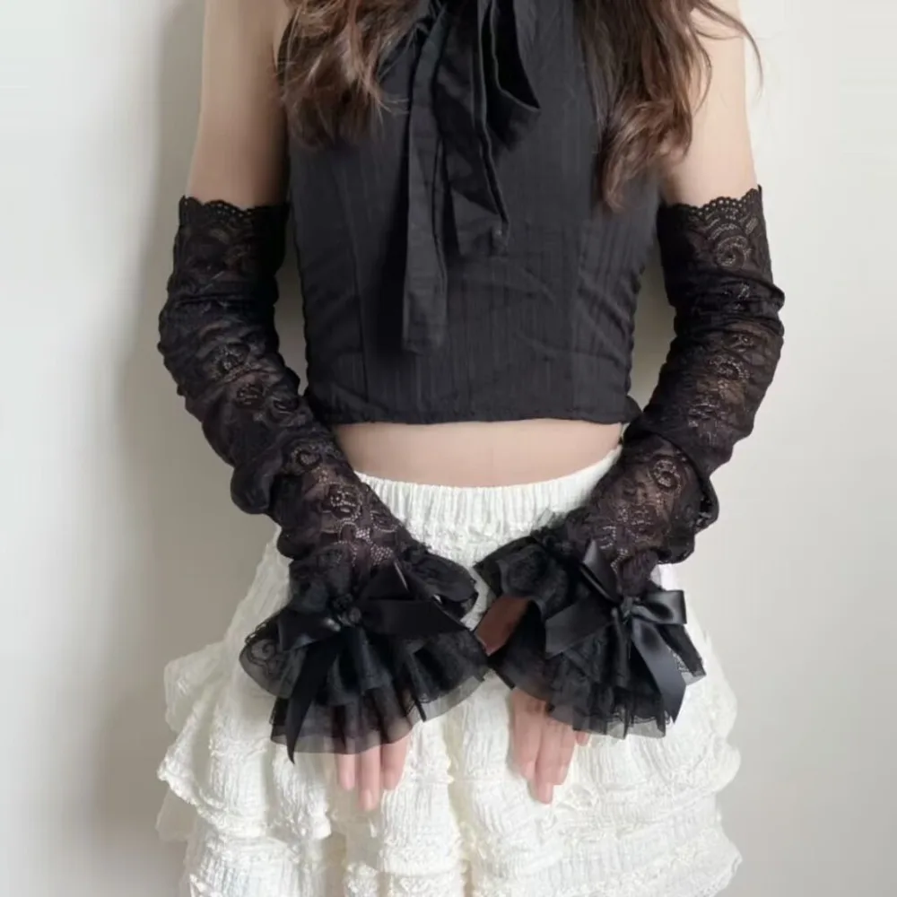 

Sweet Lace Bowknot Womens Sleeve Sun Protection Y2K Bridal Wrist Gloves Hollow Out Lace Fingerless Gloves
