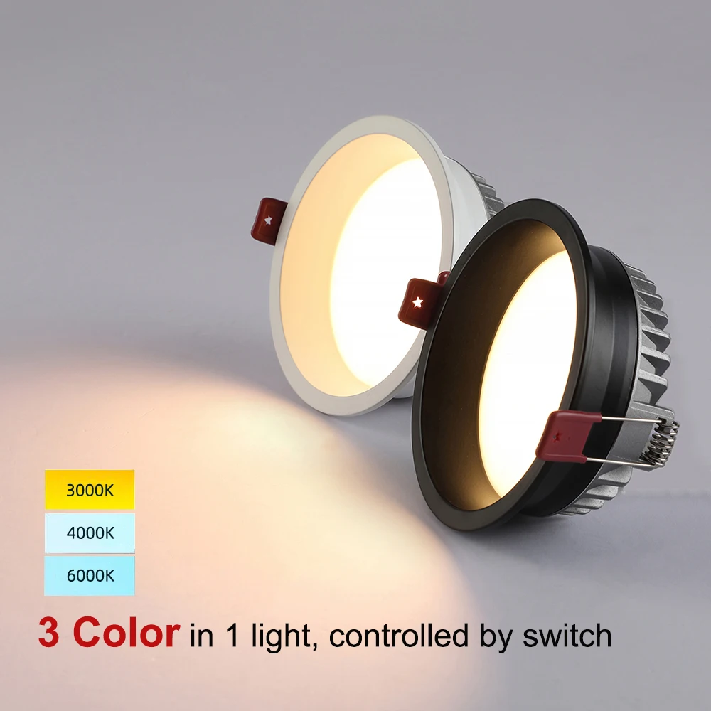 LED Downlight Anti-Glare Recessed Ceiling Lamp 3 Color Changeable Black/White Spot Lighting Bedroom Kitchen 110/220V