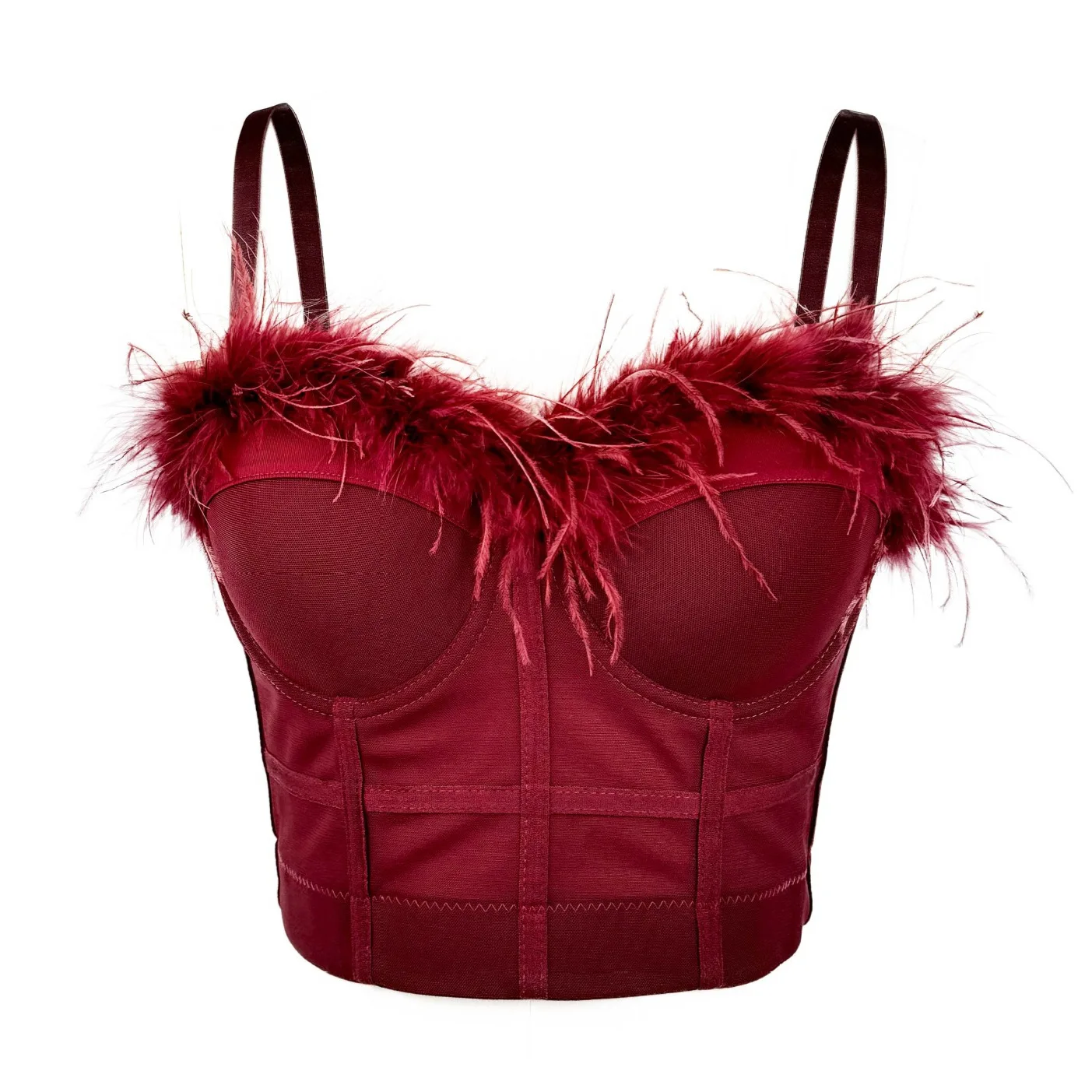 

Red Women's Underwear Push Up Bra Top Crop Tops Inner Feather Fringe Design Fishbone Bustier Lingerie See Through Bralette