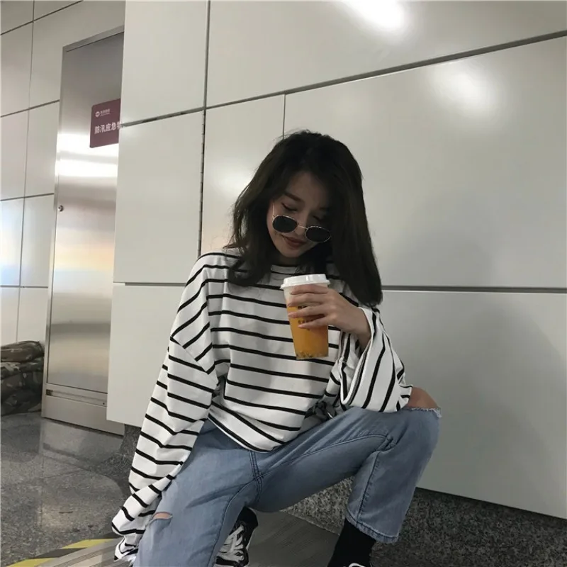 Korean version early autumn top new women's clothing lazy style striped loose long sleeved T-shirt casual base shirt