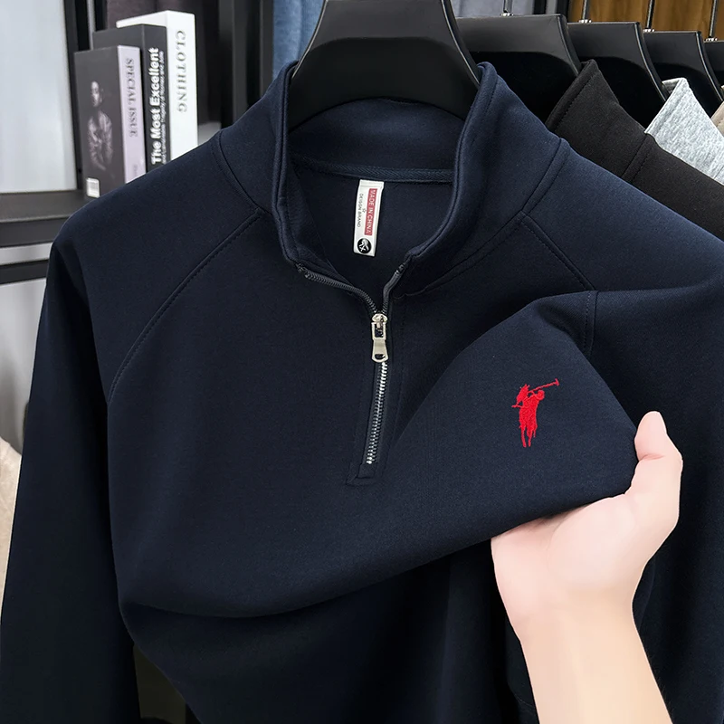 سترة بغطاء للرأس بأكمام طويلة من القطن بنصف سحاب للرجال للخريف/الشتاء؛ قميص داخلي للشباب كاجوال متعدد الاستخدامات ومطرز بطبقة علوية