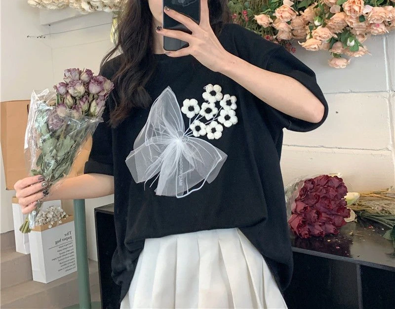 

Design Sense Niche Lazy Style Lace Bow Short Sleeved T-shirt Women's Summer New Loose Plus Size Top