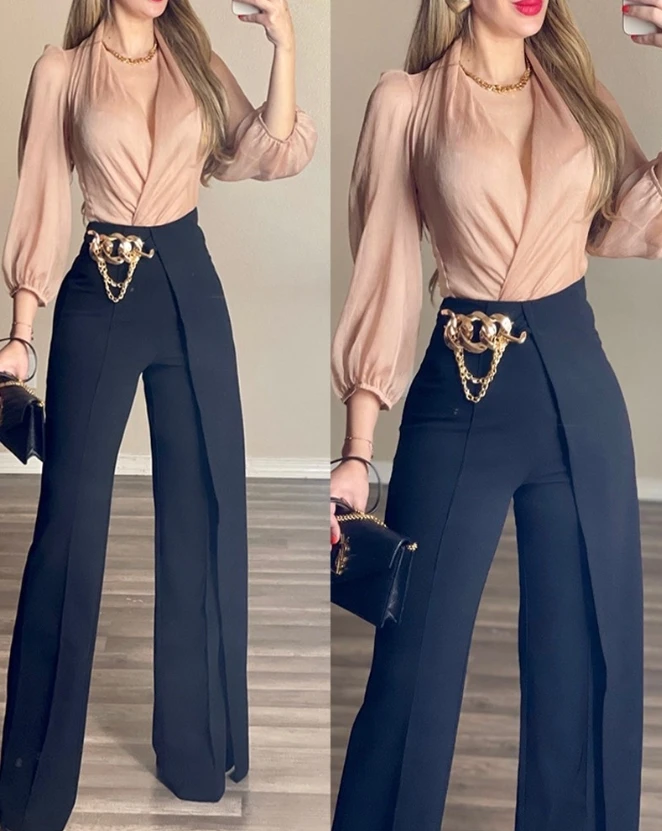 

Woman Elegant Chain Decor Fake Two Piece Work Pants Temperament Commuter Female Casual Clothes Women's Fashion Wide Leg Trousers