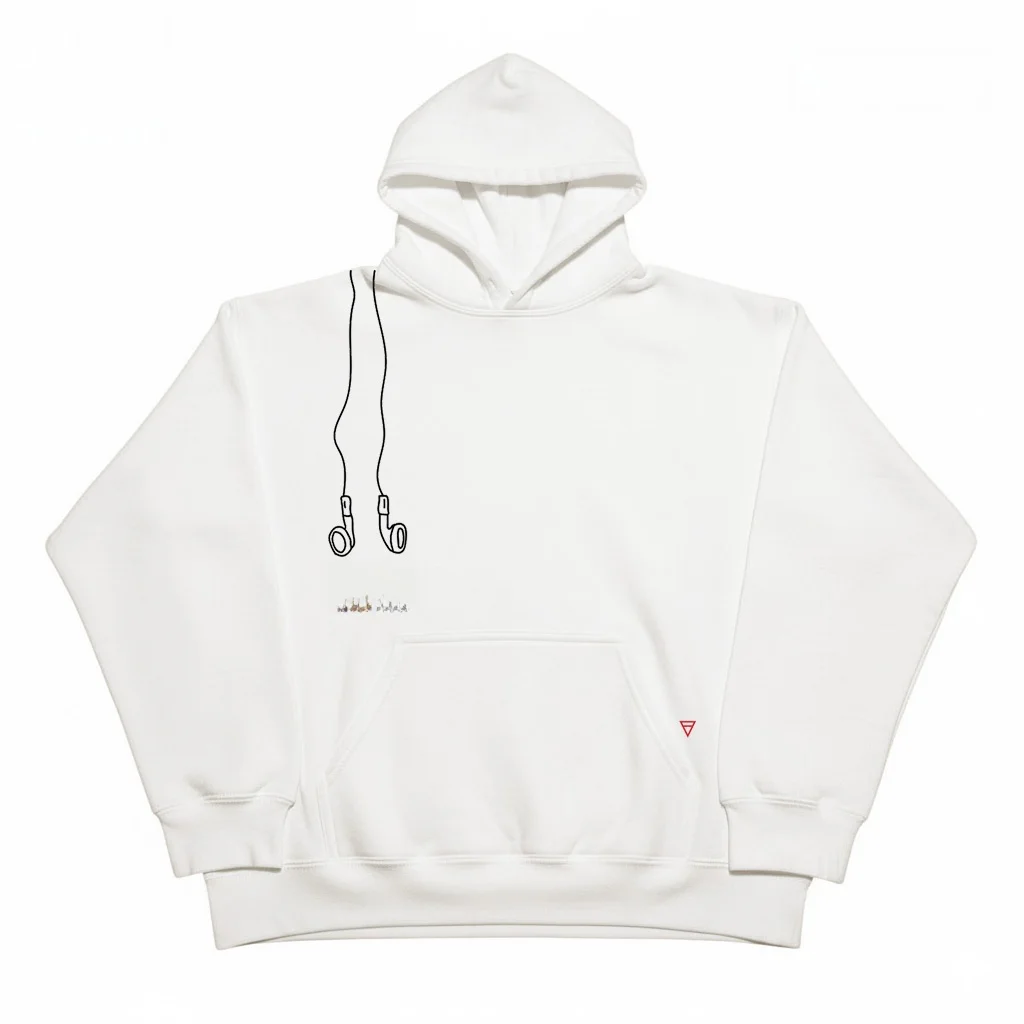 白いosフィットフーディー、クリエイティブなイヤホンデザイン、高級感のあるカジュアルストリートウェア、男女兼用