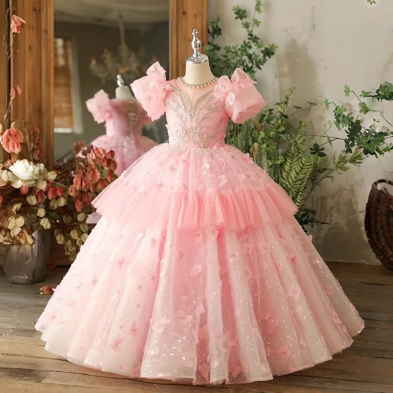 Spring and Summer Children's Pink Cute Princess Dress Sweet Puff Sleeve Fairy Puffy Dress Stage Performance Costume for Girls