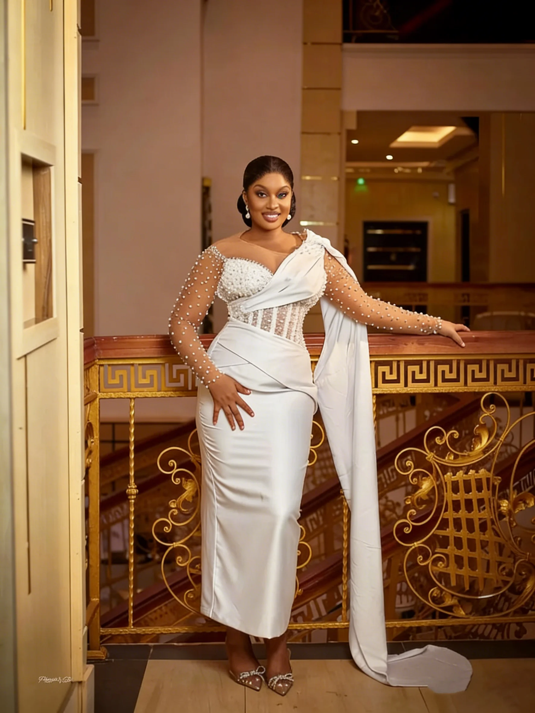 Customized Pearls Civil Wedding Dresses Bridal 2026 Sheer Neck Long Sleeve Lace Up Straight Ankle Length Africa Bridal Gowns