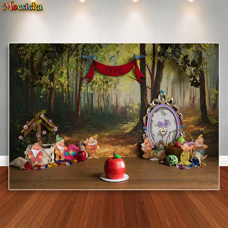 Princess Snow White Backdrop Enchanted Forest Snow White and The Seven Dwarfs Party Background for Girl First Birthday Princess