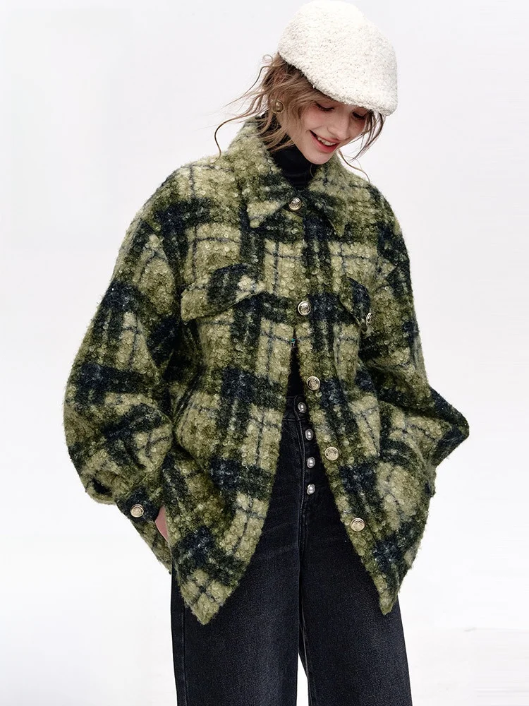 

Зимнее шерстяное пальто в клетку с воротником и круглым узором Elf Sa Forest Walk, женское повседневное длинное свекло, свободный крой Jaet