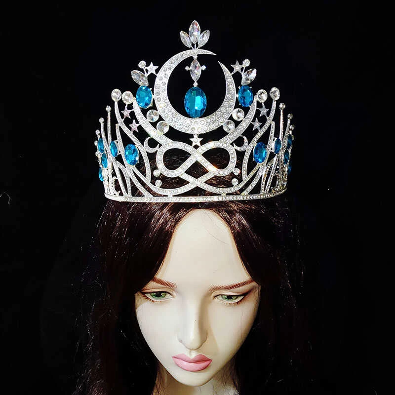 European Baroque Beauty Pageant Princess Queen Hair Crown Blue Star Waterdrop Headpiece Accessories