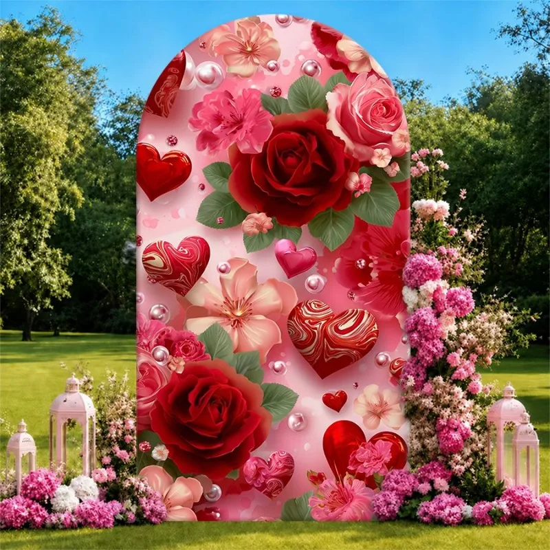 

Single Side Arch Backdrop Cover Elegant Valentines Day Background Fabric with Red and Pink Roses Heart Motifs and Pearl Accents