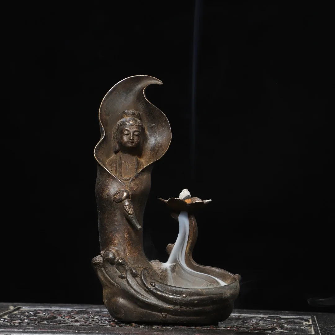 Old Bronze Cinnabar Lotus wrapped package Guanyin Bodhisattva Station Buddha Amitabha Backflow incense incense burner incense ho