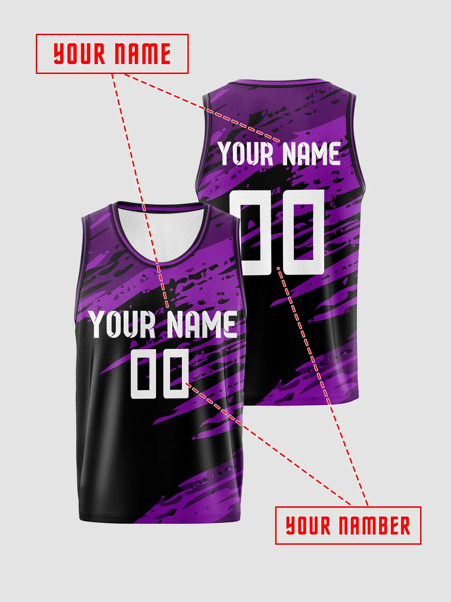 Black‑Base Purple Diagonal‑Scratch Custom Basketball Jersey, Stylish Breathable Mesh Game Vest For Printed Name & Number