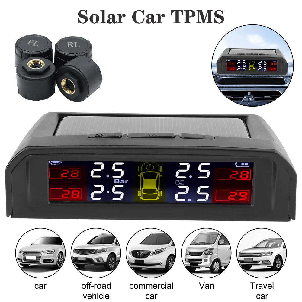 LCD Display USB Solar Powered + 4 External Sensors Car TPMS Intelligent Temperature Warning Wireless Tire Pressure System