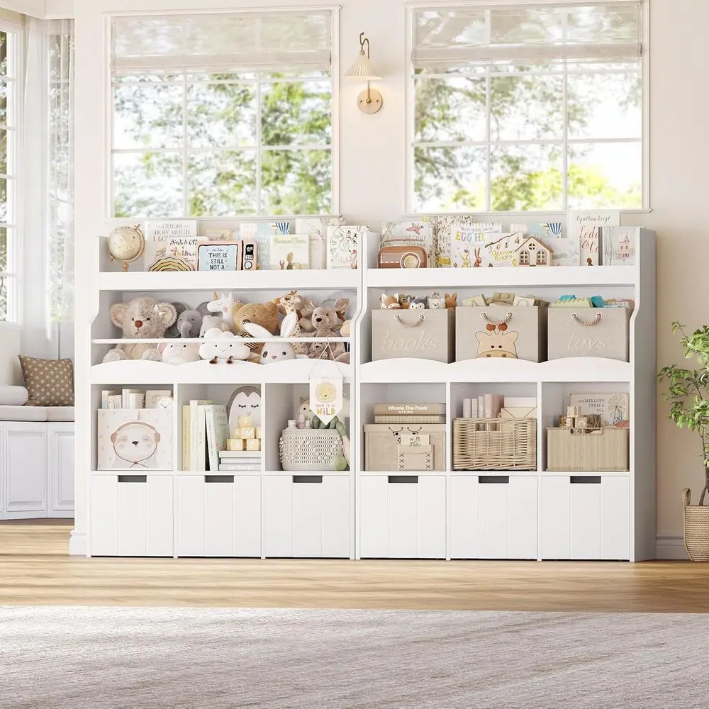 Kids Toy Storage Organizer with Bookshelf, Multifunctional Book Shelf with 3 Movable Toy Organizers for Kids Room, Kids Bookcase view 3