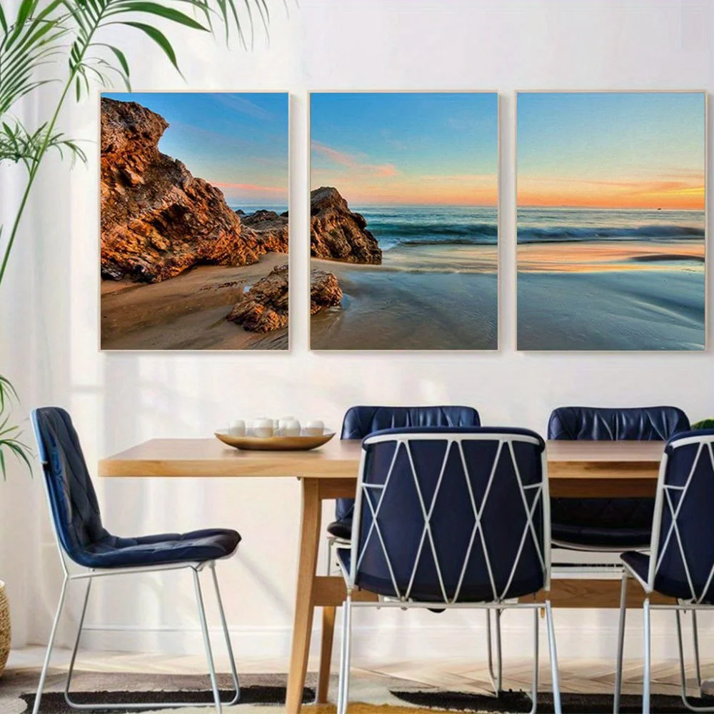 Set of 3 Unframed Canvas Artworks Depicting a Sunset at a California Beach, Perfect for Modern Home Decor