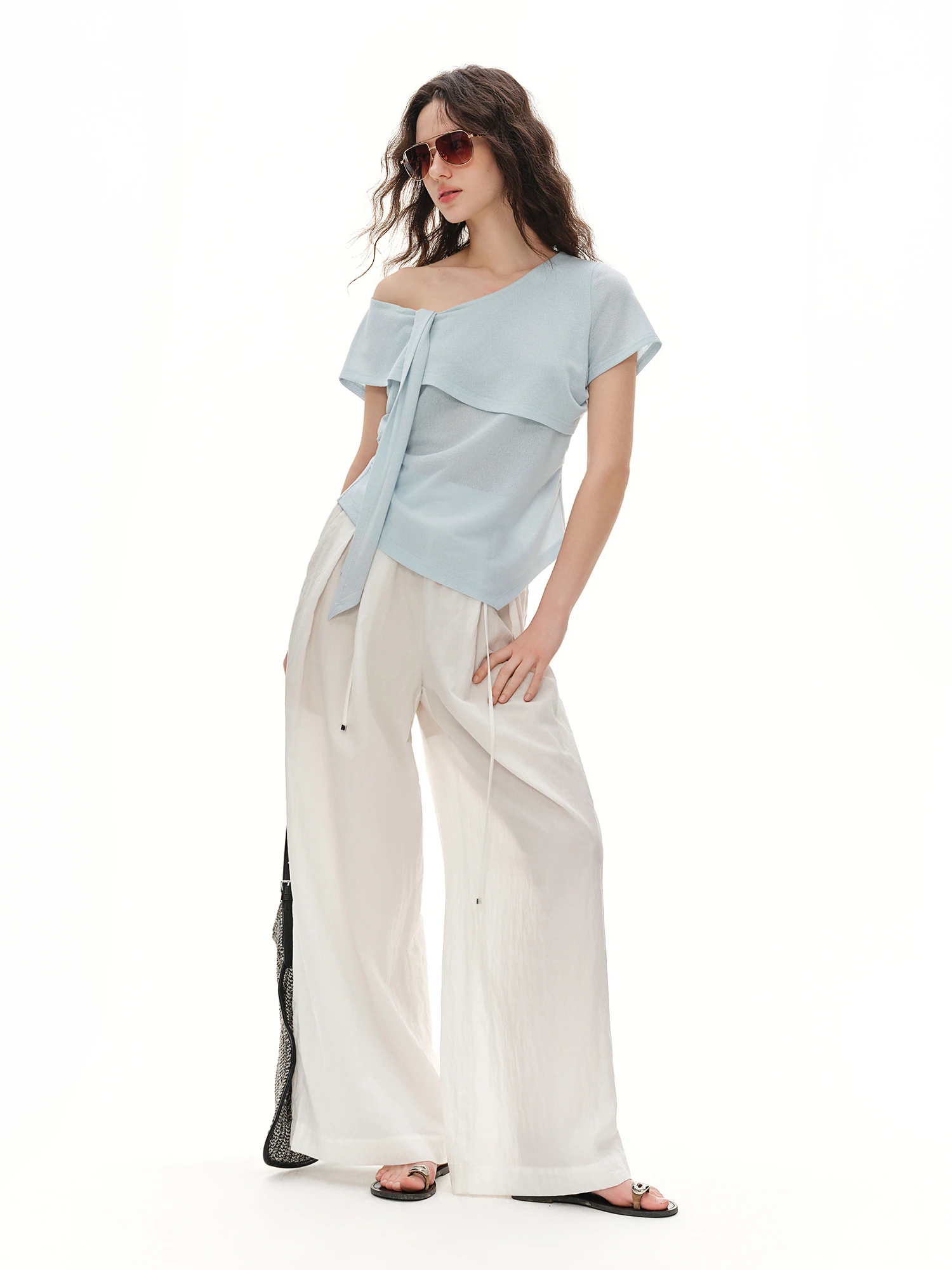 DUSHU 2026 Summer Twisted Oblique Collar Knitted T-shirt with Ribbon Imitation Linen Loose Casual Women Short Sleeve Top