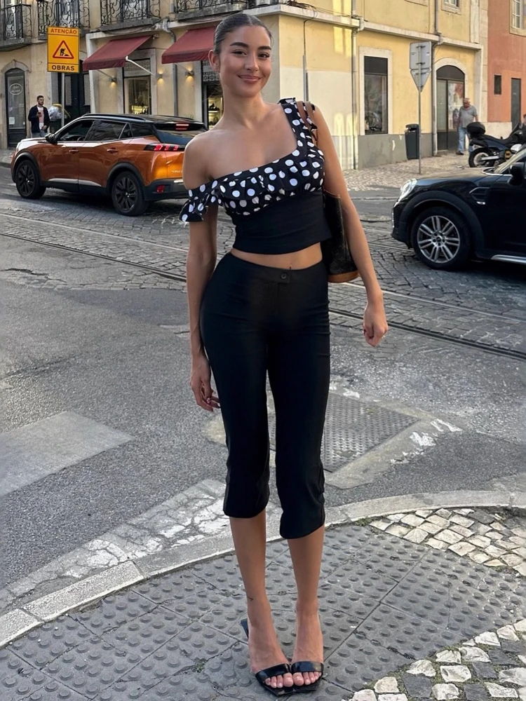 

Slight Flare Pants Women Streetwear Calf-Length Trousers Black Pantalones De Mujer Slit Capris Y2k Clothes Zipper Roupa Feminino