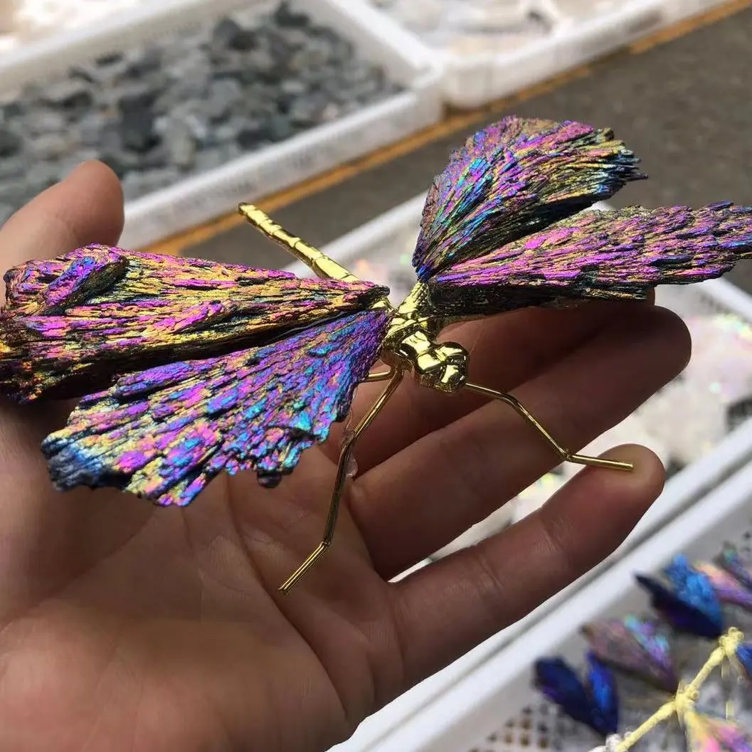 

1pc Natural Black Tourmaline Electroplating Dragonfly Spar Crafts Ornaments Color Plating Crystal Butterfly Home Decoration