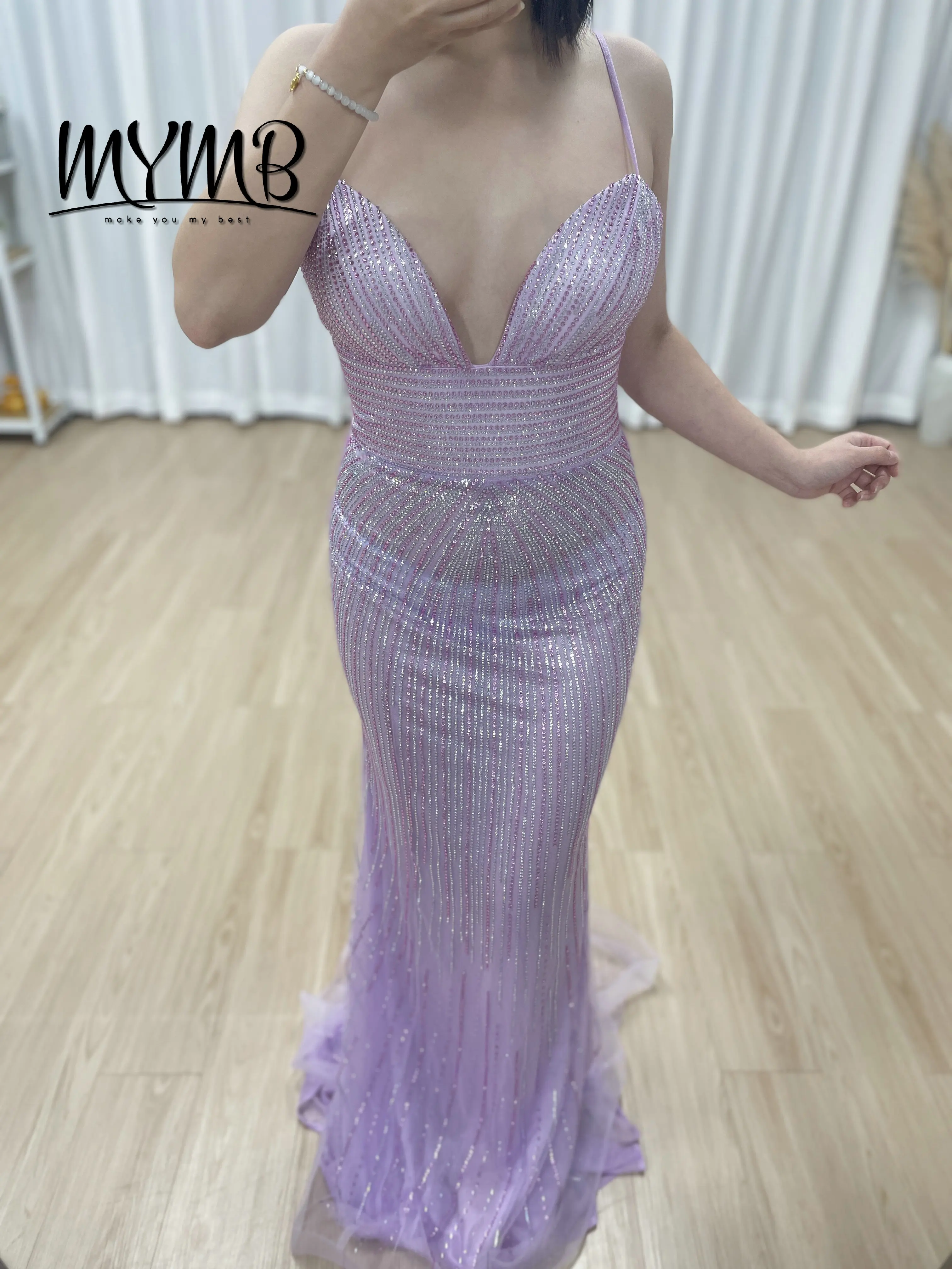MYMB Dazzling Exquisite Beaded Embroidery Embellished Sexy Low Back Spaghetti Strap V Neck Mermaid Evening Gown for Prom MB40433