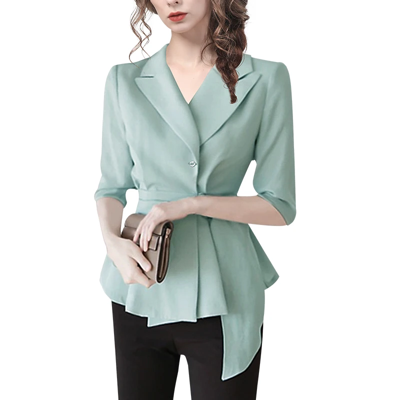 Fashion Suit Collar Light Blue Women Working Shirt With Belt Elegant Slim Half Sleeve Blouse 2022 Spring Summer Female Tops