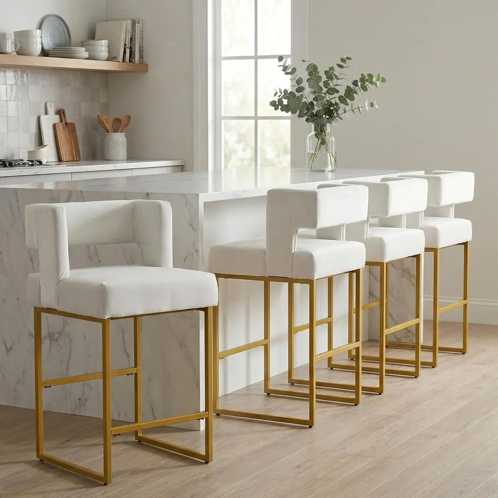 

Set of 4 Counter Height Bar Stools with Back and Armrests, Velvet Upholstered, Metal Legs, Cream and Gold Finish for Kitchen Isl