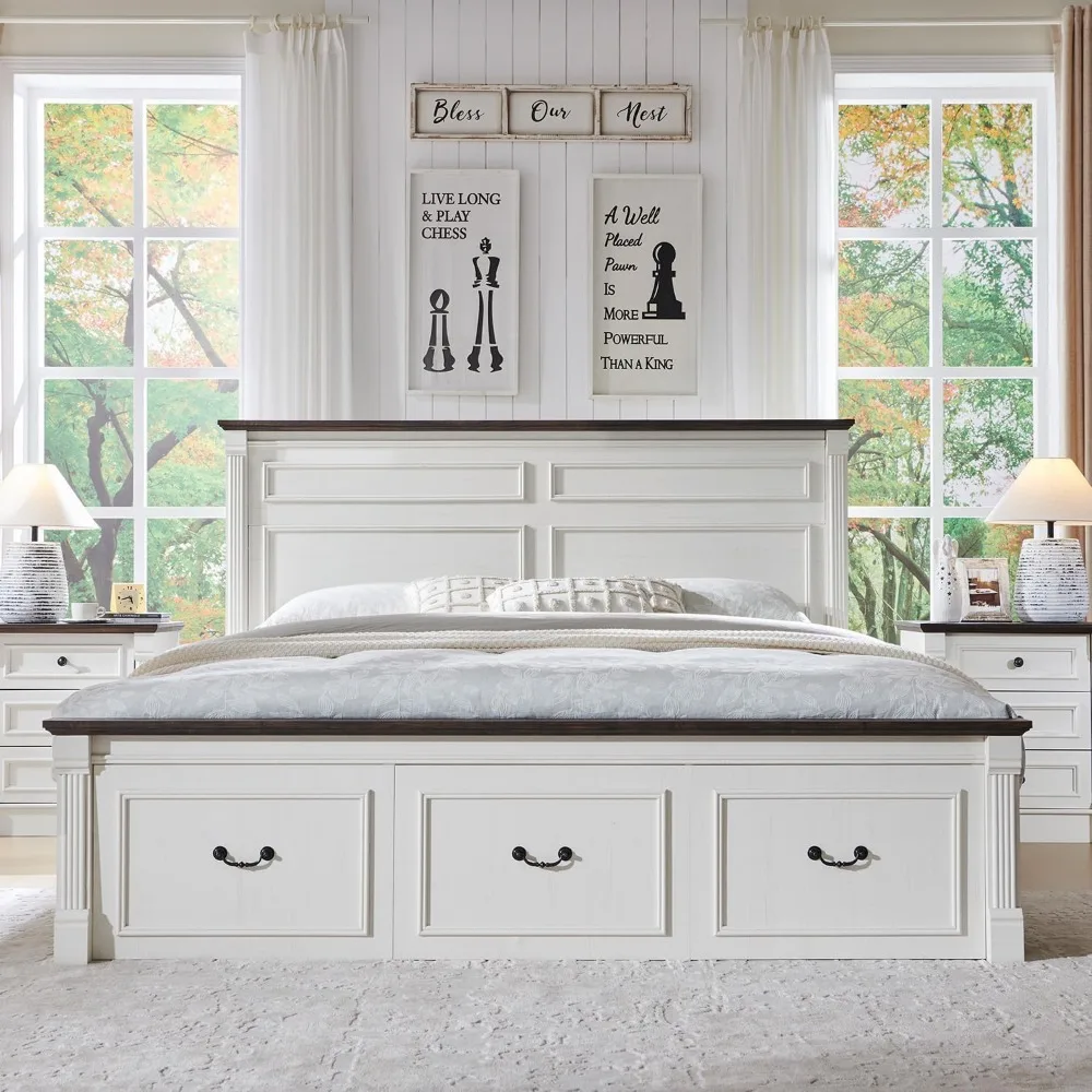 Pair of 26-Inch Tall Farmhouse Nightstands with 3 Drawers and Charging Station, 23.6-Inch Wide Large Side Table featuring Roman