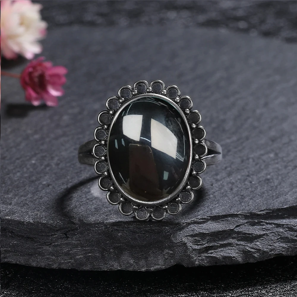 925 Sterling SilverRing for Women Gift Oval Round Natural Black Agate Ring Sun Shaped Retro Jewelry