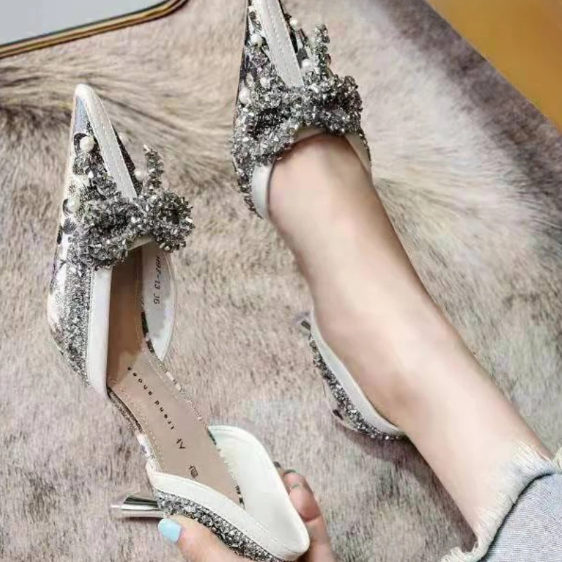

Luxury Pearls Crystal Bow Tie Women's Shoes 2024 Autumn Brand Designer High Heels Women's Slim Party Shoes